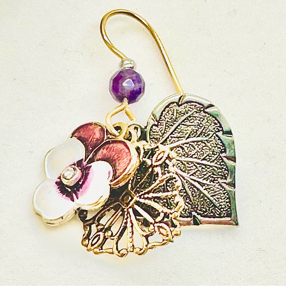 Silver Forest Violet Pansy Dangle Hook Earrings Flowers Nickel Free - Picture 2 of 3